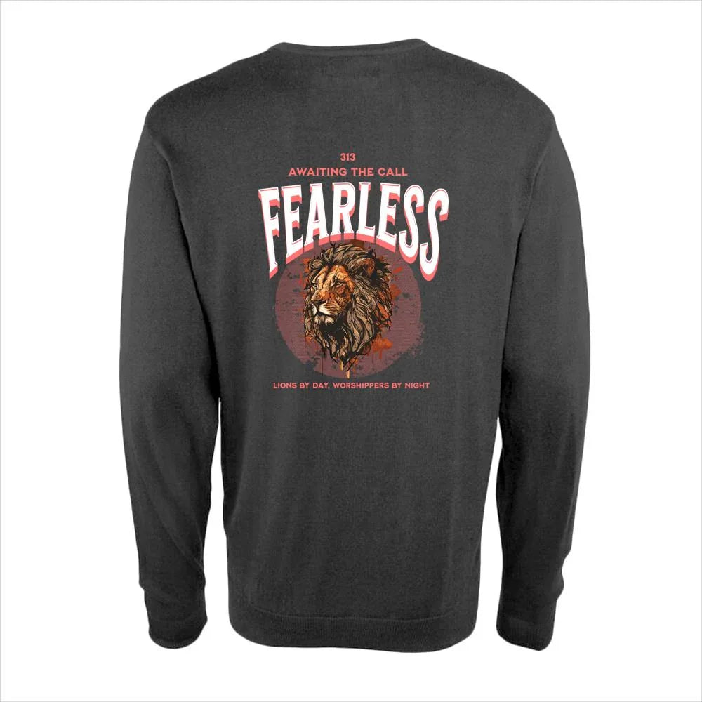 Black sweatshirt with bold 'Fearless' text and lion graphic on the back, inspirational apparel