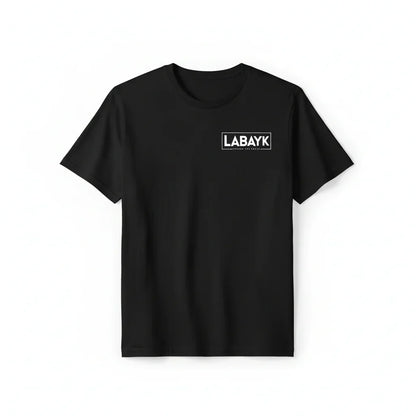 Black short sleeve t-shirt mockup on white background with white LABAYK logo on front